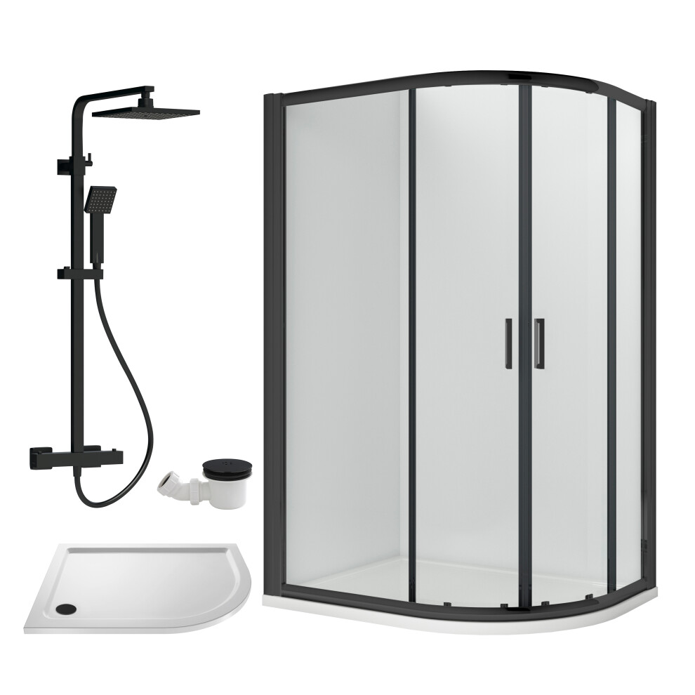Balterley Ruwa Shower Enclosure Bundle - Offset Right Quadrant, Tray, Square Shower & Waste - 1200Mm X 800Mm White/Black
