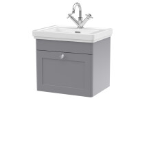 Traditional Wall Hung 1 Drawer Vanity Unit with 1 Tap Hole Fireclay Basin, 500mm - Satin Grey