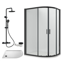 Ruwa Shower Enclosure Bundle - Offset Right Quadrant, Tray, Round Shower & Waste - White/Black - 1200mm x 800mm - Balterley