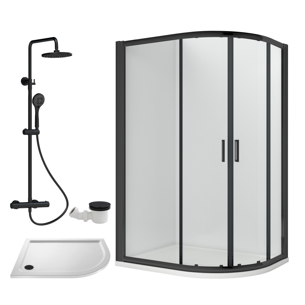 Balterley Ruwa Shower Enclosure Bundle - Offset Right Quadrant, Tray, Round Shower & Waste - 1200Mm X 800Mm White/Black