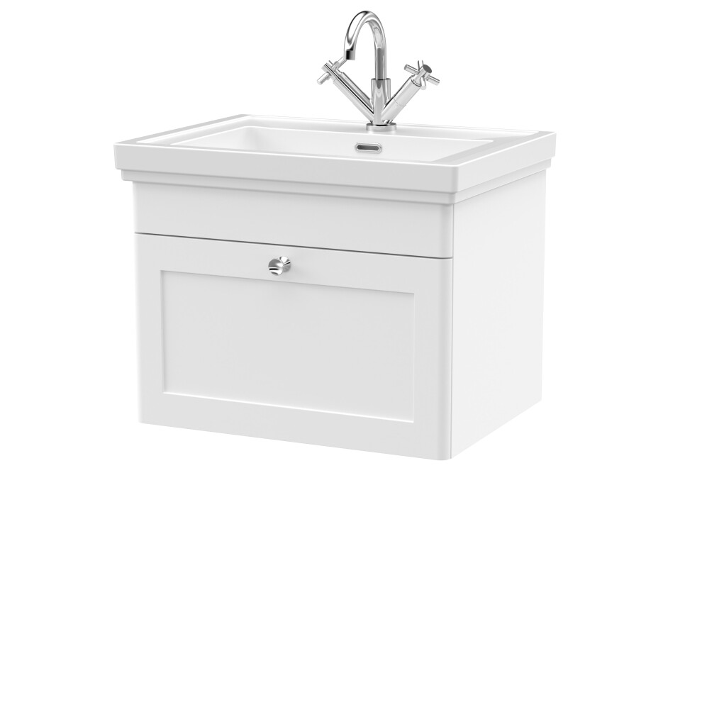 Traditional Wall Hung 1 Drawer Vanity Unit with 1 Tap Hole Fireclay Basin, 600mm - Satin White