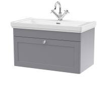 Traditional Wall Hung 1 Drawer Vanity Unit with 1 Tap Hole Fireclay Basin, 800mm - Satin Grey
