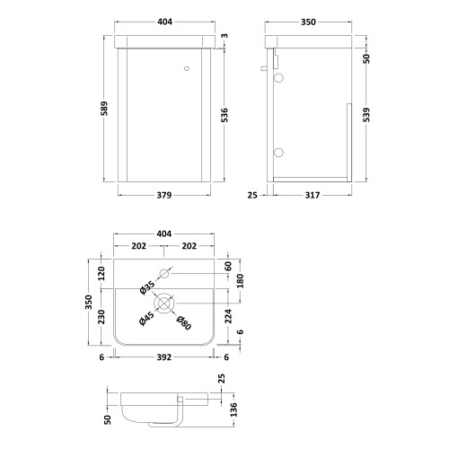 Balterley Wall Hung 1 Door Vanity Unit with Ceramic Sink - 400mm - Gloss White 1