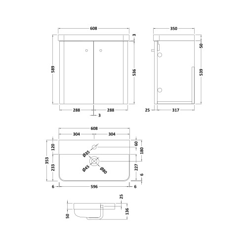 Balterley Wall Hung 2 Door Vanity Unit with Ceramic Sink - 600mm - Gloss White 1