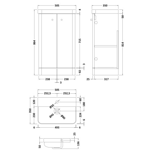 Balterley Floor Standing 2 Door Vanity Unit with Ceramic Basin - 500mm - Soft Black 1