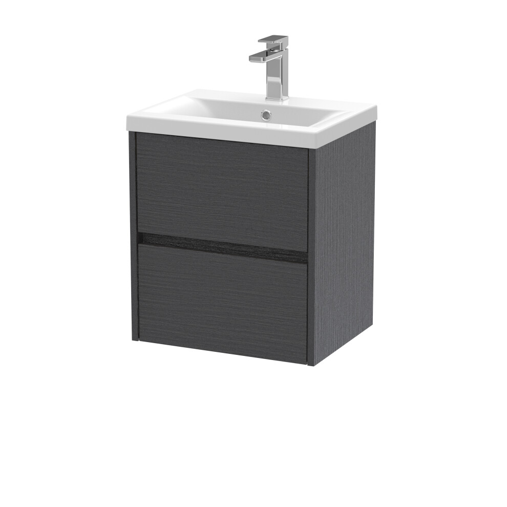 Square Wall Hung 2 Drawer Vanity Unit & Ceramic Basin, 500mm - Woodgrain Graphite Grey