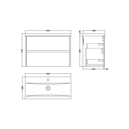 Balterley Square Wall Hung 2 Drawer Vanity Unit & Ceramic Basin, 800mm - Woodgrain Graphite Grey 1