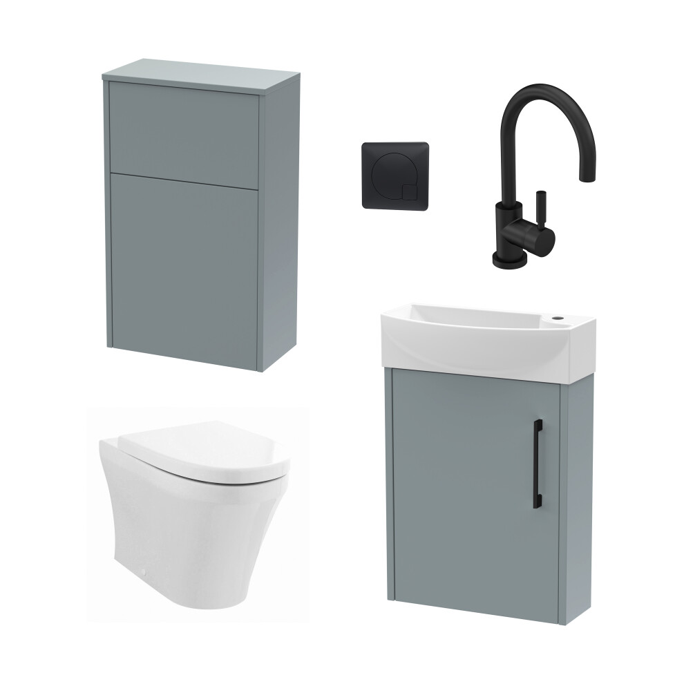Power Cloakroom Bundle - Left Wall Hung Vanity Unit, Concealed Cistern WC Unit, Toilet & Tap, 440mm - Grey/Black - Balterley