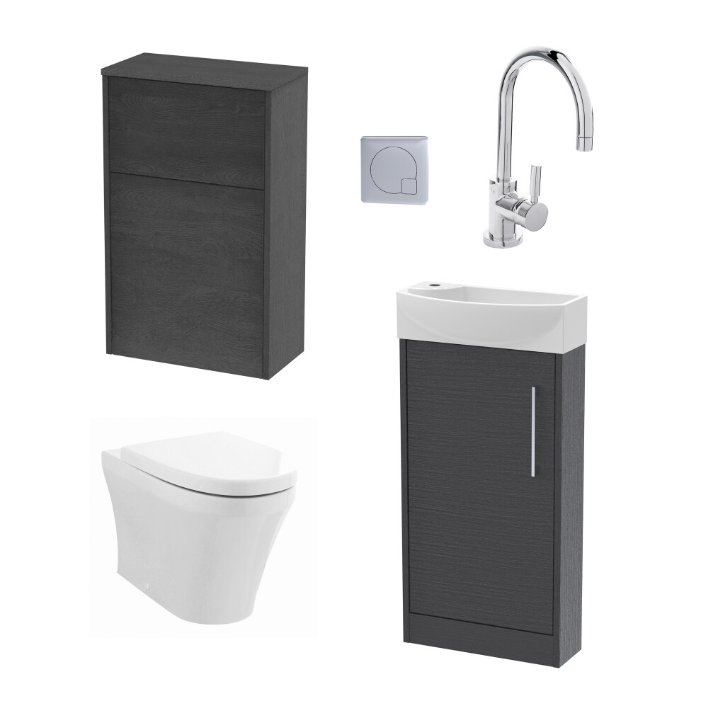 Cloakroom Suite - Right Hand 440mm Vanity, WC Unit, Toilet and Tap - Graphite
