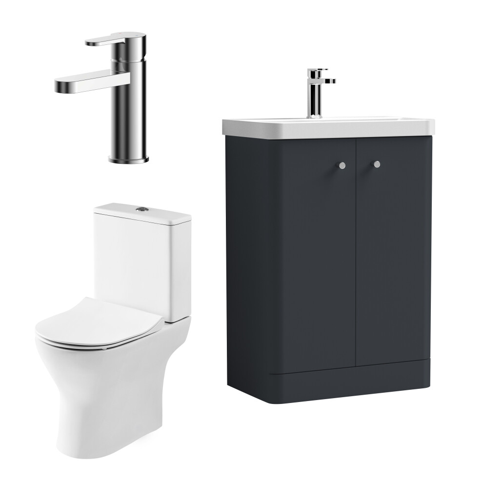 Curve Cloakroom Bundle - Floor Standing 2 Door Vanity Unit, Toilet Pan, Cistern, Seat & Mixer Tap, 600mm Anthracite - Balterley