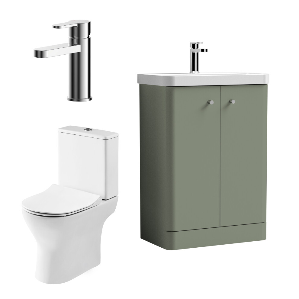 Curve Cloakroom Bundle - Floor Standing 2 Door Vanity Unit, Toilet Pan, Cistern, Seat & Mixer Tap, 600mm Satin Green - Balterley