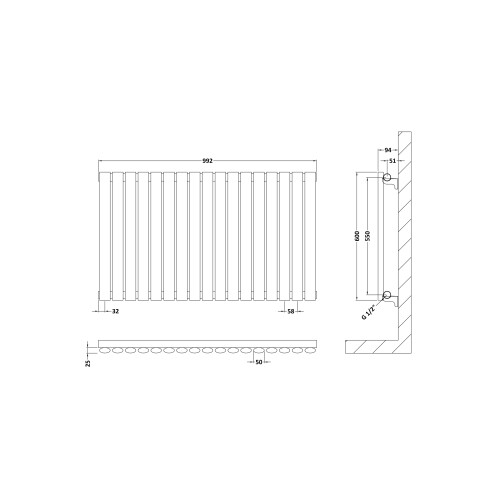 Balterley Horizontal Single Panel Radiator - 600mm x 992mm - 2511 BTU - Anthracite- Balterley 1