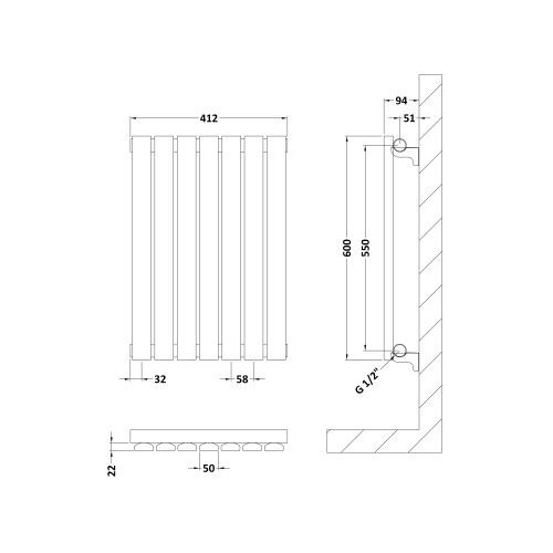 Balterley Square Horizontal Single Panel Radiator - 600mm x 412mm - 952 BTU - Anthracite 1
