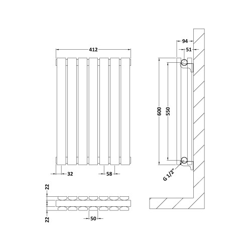 Balterley Square Horizontal Double Panel Radiator - 600mm x 412mm - 1449 BTU - Anthracite 1