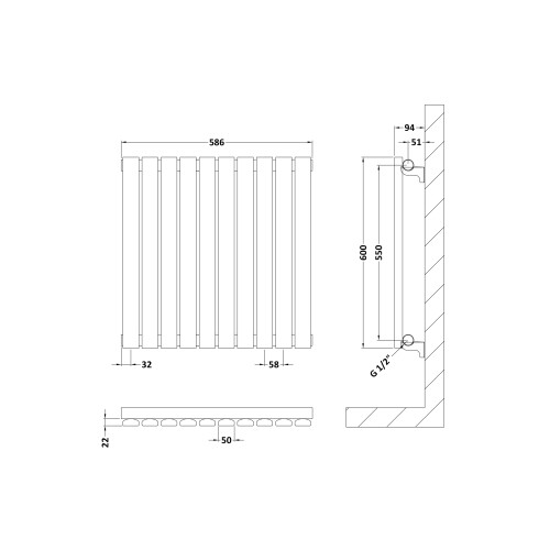 Balterley Square Horizontal Single Panel Radiator - 600mm x 586mm - 1361 BTU - Anthracite 1