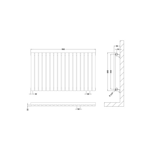 Balterley Square Horizontal Single Panel Radiator - 600mm x 992mm - 2313 BTU - Anthracite 1