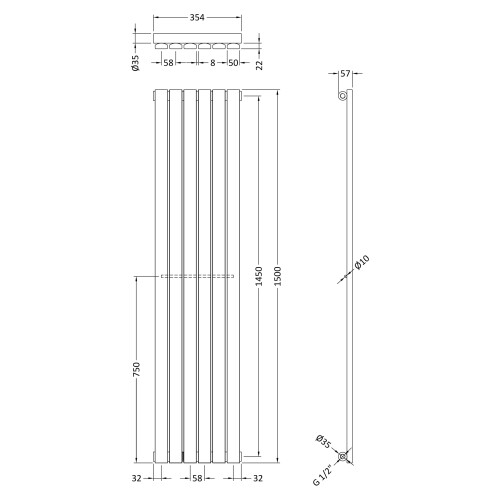 Balterley Square Vertical Single Panel Radiator - 1500mm x 354mm - 2041 BTU - Anthracite 1