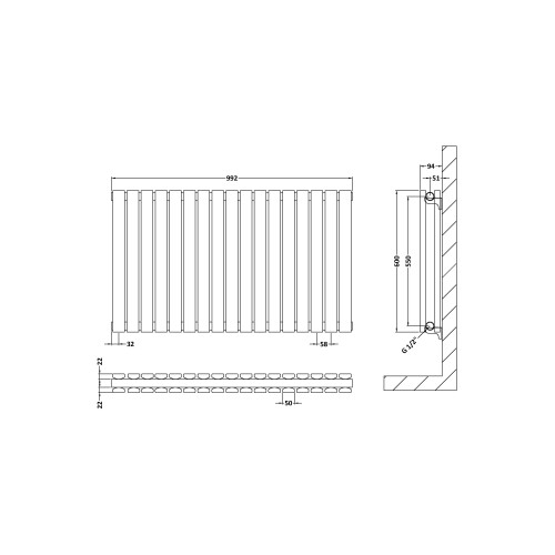 Balterley Square Horizontal Double Panel Radiator - 600mm x 992mm - 3519 BTU - Anthracite 1