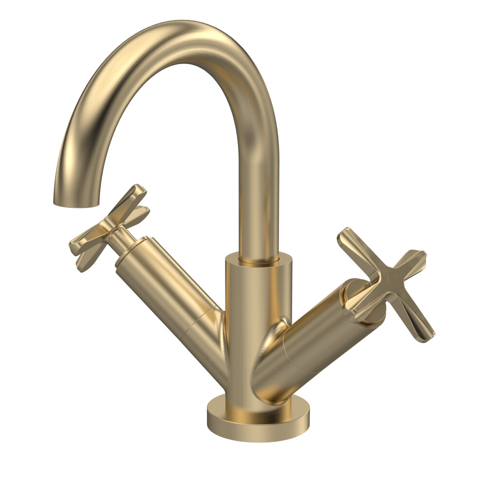 Balterley Connect Mono Basin Mixer Tap With Crosshead Handles & Push Button Waste - Brushed Brass
