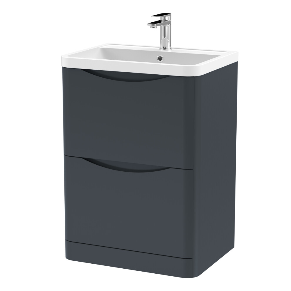 Floor Standing 2 Drawer Vanity Basin Unit with Polymarble Basin, 600mm - Soft Black