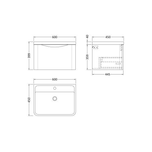 Balterley Wall Hung 1 Drawer Vanity Basin Unit with Polymarble Basin, 600mm - Satin Grey 1