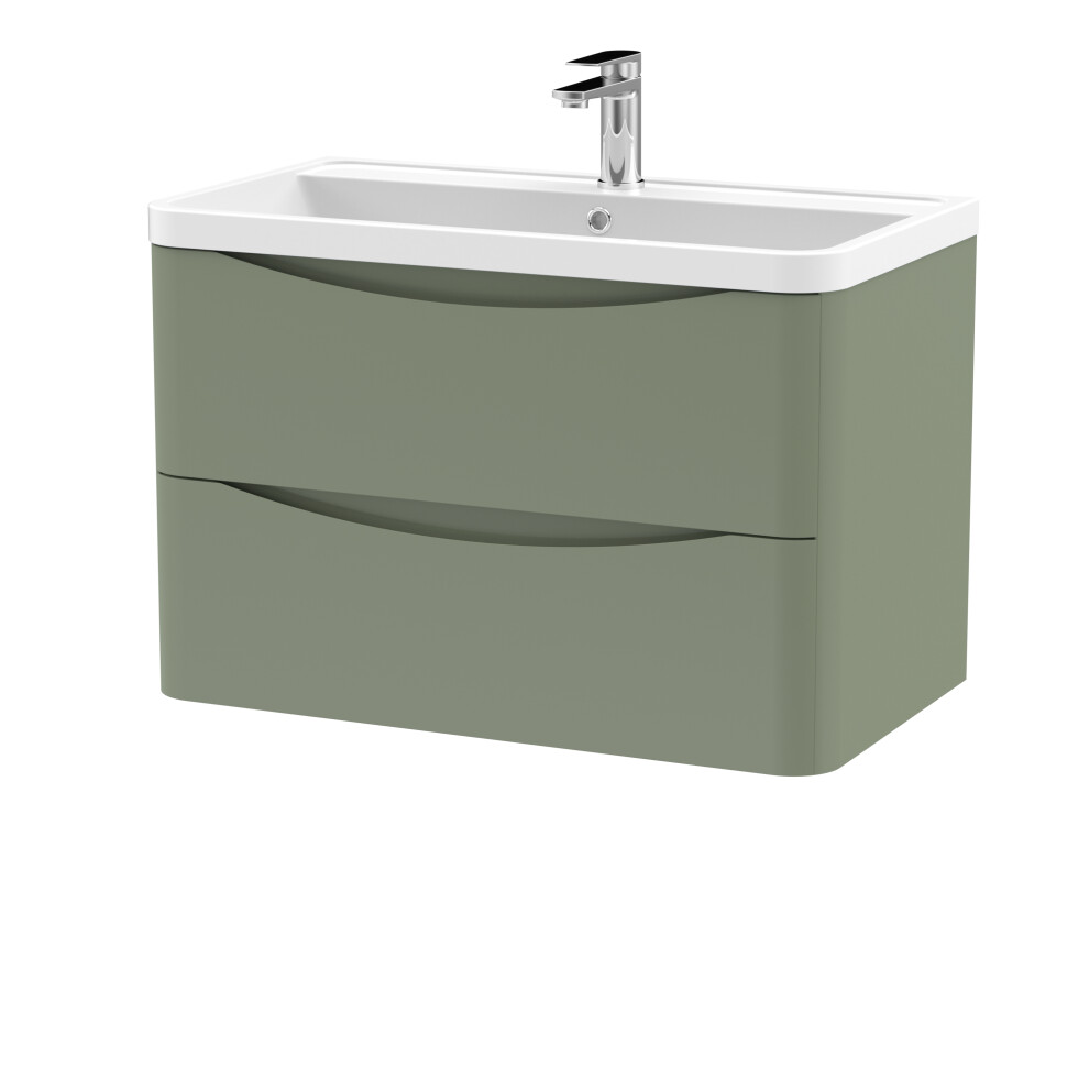 Wall Hung 2 Drawer Vanity Basin Unit with Polymarble Basin, 800mm - Satin Green-image-OPC-PDX9XKF-NEW