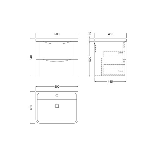 Balterley Wall Hung 2 Drawer Vanity Basin Unit with Polymarble Basin, 600mm - Soft Black- Balterley 1