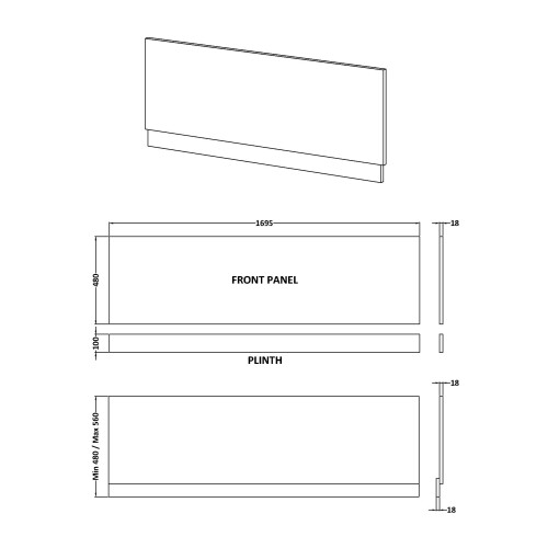 Balterley 1700mm Bath MFC Front Panel & Plinth - Woodgrain Anthracite 1