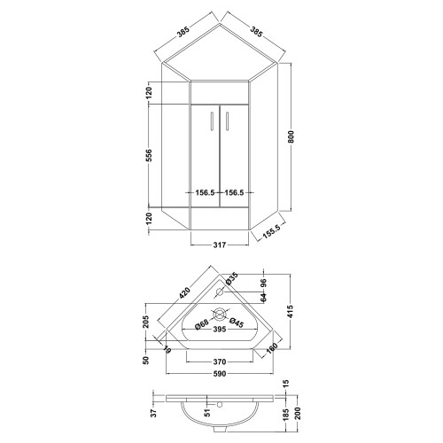 Balterley 897mm x 590mm - Gloss White Corner Basin Vanity Unit - with Basin 1