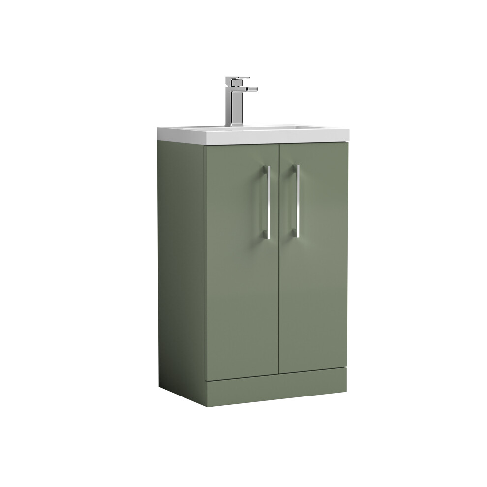 Compact Floor Standing 2 Door Vanity Basin Unit with Ceramic Basin - 500mm - Satin Green