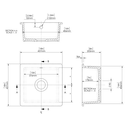 Balterley Fireclay Single Bowl Square Undermount Kitchen Sink with Overflow, 457mm 1