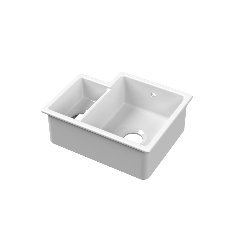Fireclay 1.5 Bowl Right Hand Undermount Kitchen Sink & Overflow, 457mm - White