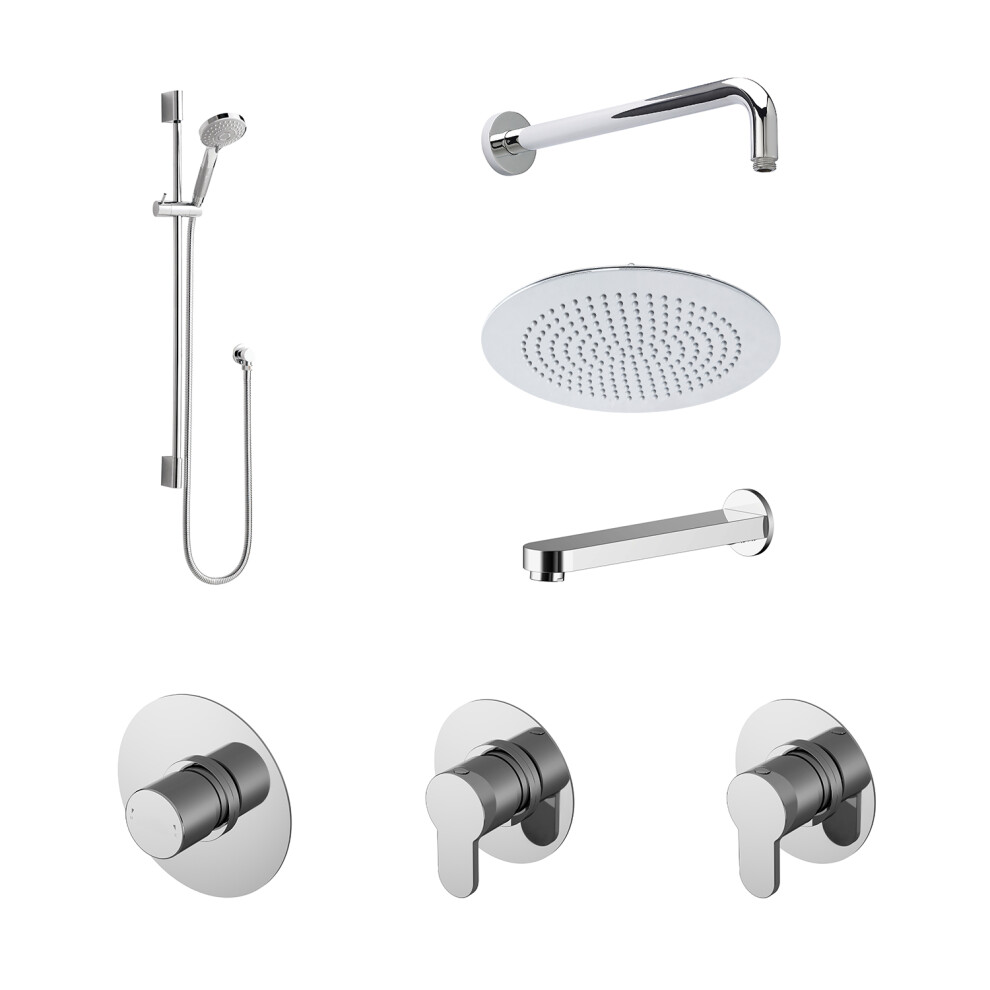 3 Outlet Concealed Valves Shower Bundle with Slide Rail Kit, Wall Mount Arm, Head & Bath Spout- Chrome