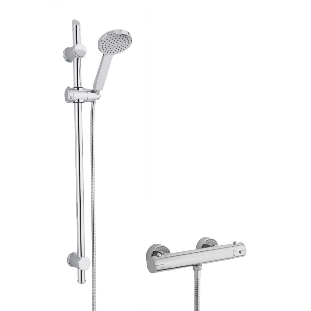 Round Thermostatic Minimalist Bar Valve And Water Saving Handset Slider Rail Kit Shower Bundle - Chrome - Balterley