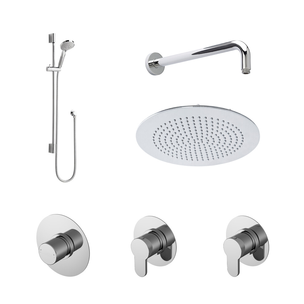 2 Outlet Concealed Valves Shower Bundle with Slide Rail Kit, Wall Mount Arm & Head - Chrome