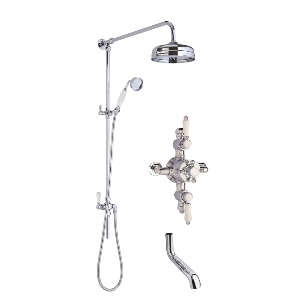 Traditional Shower Triple Exposed Valve with Rigid Riser Shower & Bath Spout Set - Chrome/White - Balterley