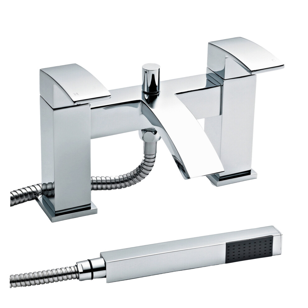 Square Deck Mounted Bath Shower Mixer Tap & Shower Kit - Chrome