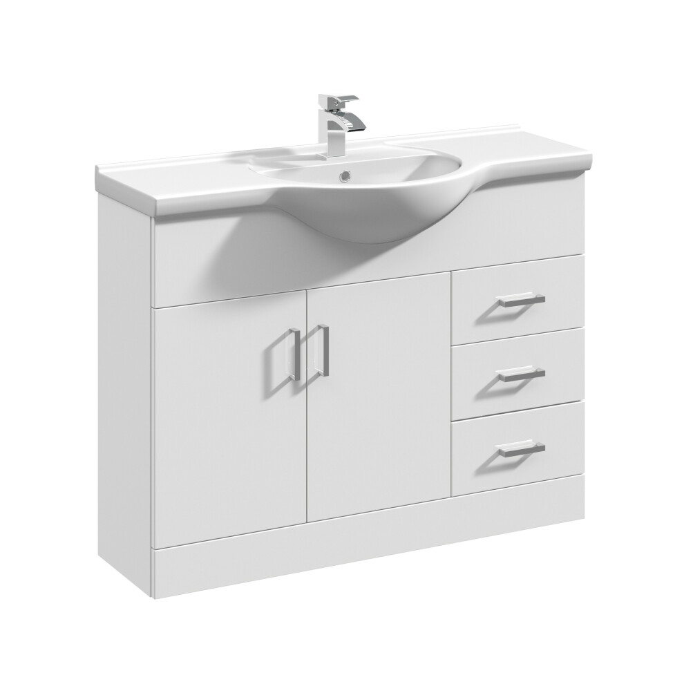 2 Door 3 Drawer Vanity Basin Unit with Round Basin - 1050mm - Gloss White