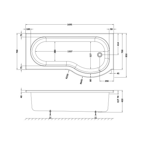 Balterley P Shape Right Hand Shower Bath Tub with Leg Set - 1700mm 1