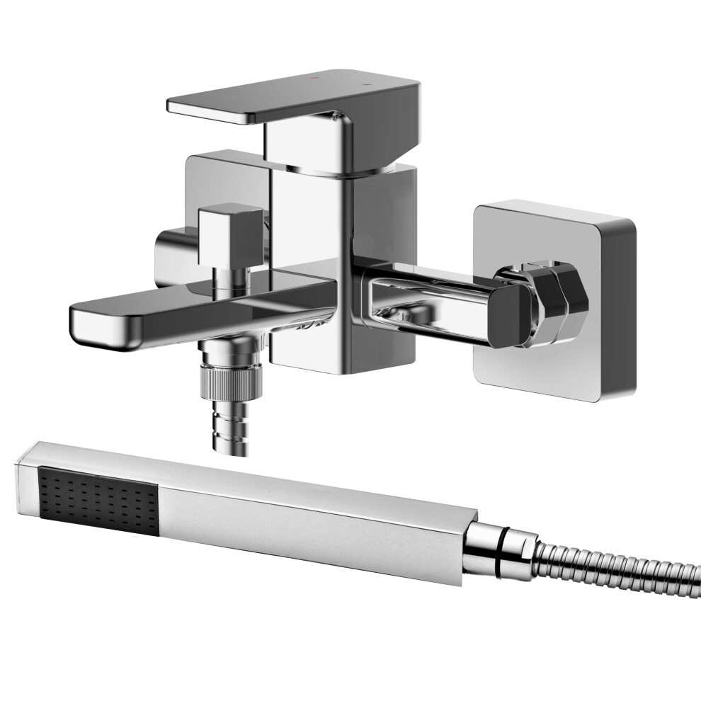 Wall Mounted Square Bath Shower Mixer Tap with Shower Kit - Chrome