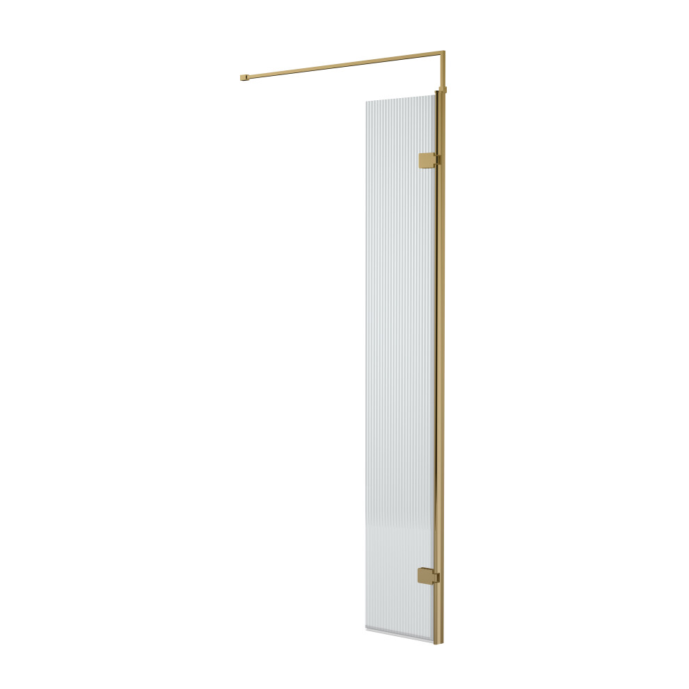 Fluted 8mm Toughened Safety Glass Hinged Return Screen with Support Bar, Brushed Brass - 300mm