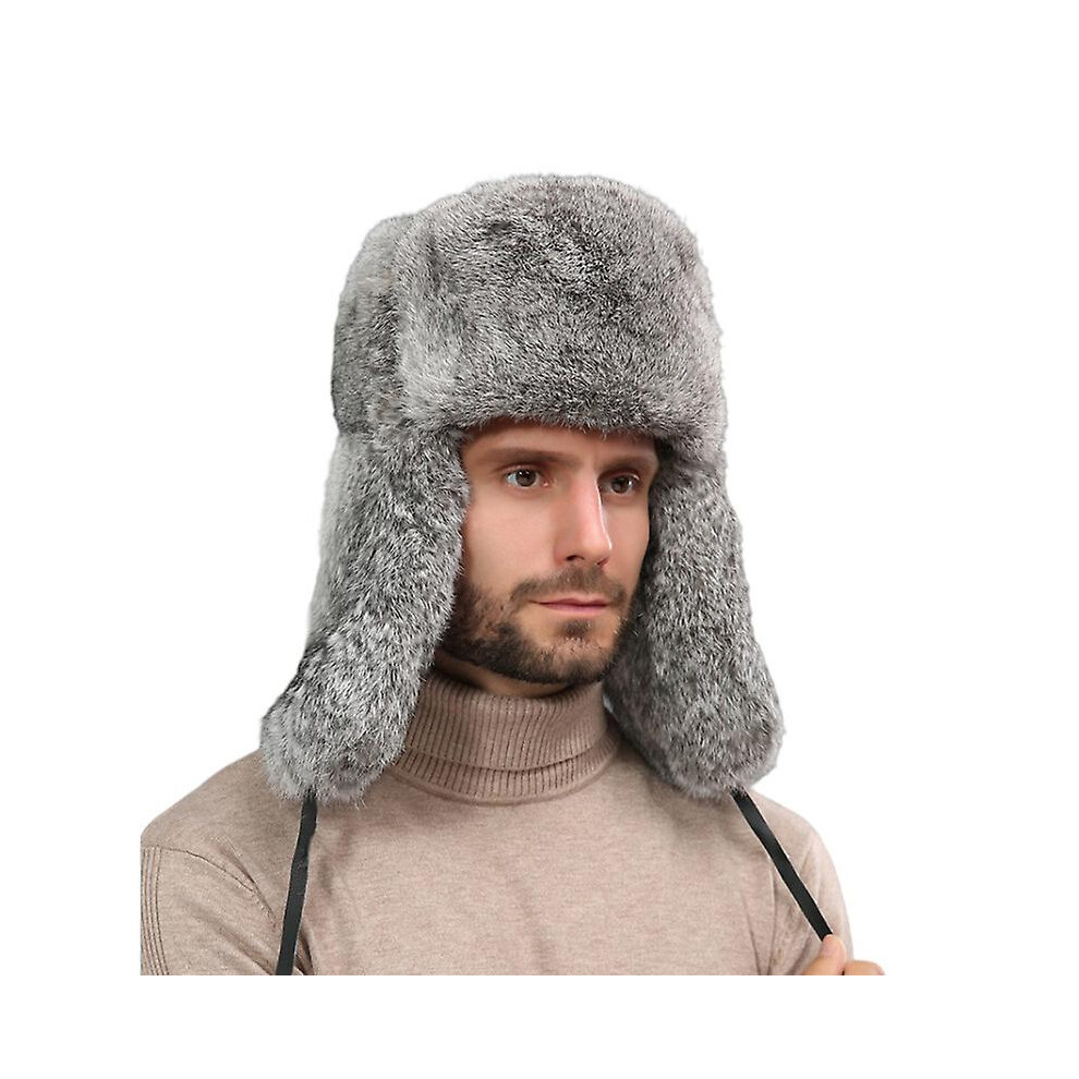 (L) Mimigo Genuine Rabbit Fur Russian Winter Hat Trapper Bomber W/ear Flaps Christmas Gift For Men