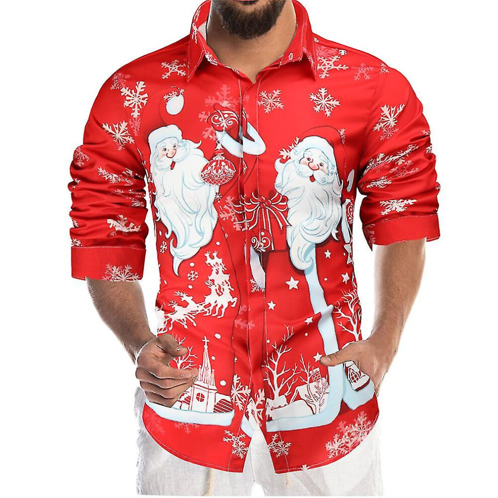 (XL) Christmas Shirt Men Xmas Santa Claus Shirts Button Blouses Top Plus Size