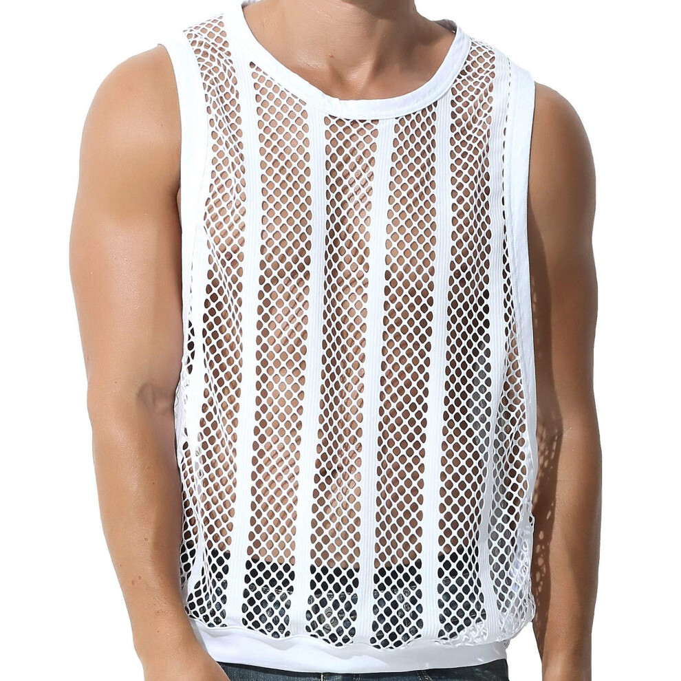 (White, M) Men's Fishnet Tank Top See Through Sleeveless Tee Tops