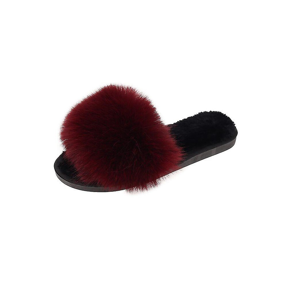 (Wine, EU 41) Open Toe Fuzzy  House Warm Slippers For Women For Outdoor Indoo