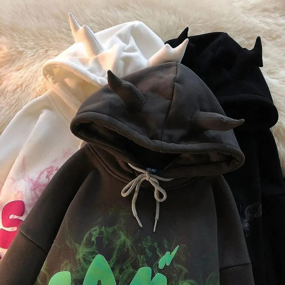 (White, L) Angel Ears Hoodies Sweatshirt Women Graffiti Monster Bubble Anime Long Sleeve Harajuku Goth Oversized Thick Pullover Hoodies