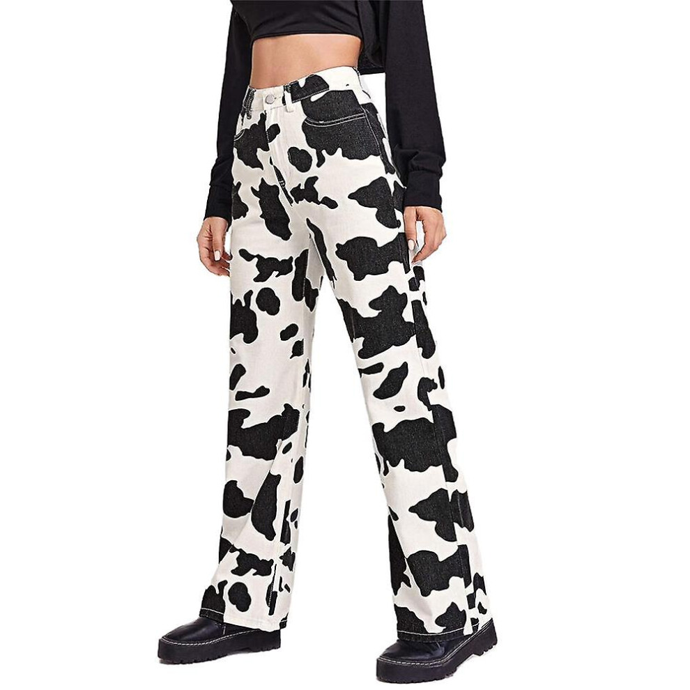 (L) Women's Cow Print Denim Pants Boho Wide Leg Pants