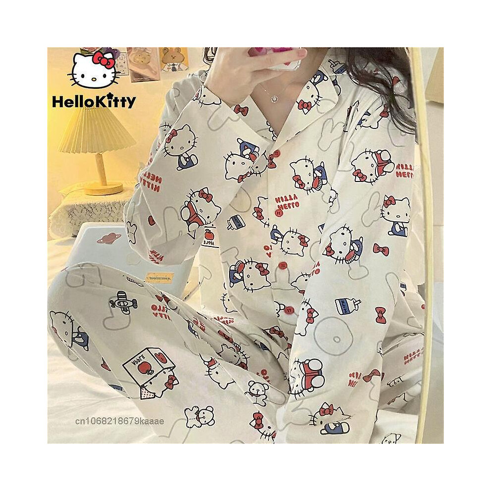 (XL 57-65kg) 2023 Sanrio Two-piece Set Pajamas Long Sleeve Cardigan Top Hello Kitty Wide Leg Pants Soft Home Clothes For Women New Y2k Nightdress