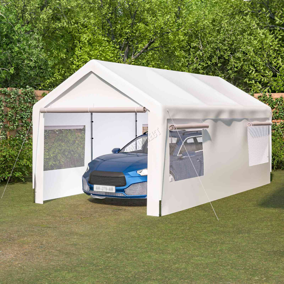 (White) BIRCHTREE Outdoor Steel PE Carport 10x20ft Shed Sidewalls & Windows Boat Truck