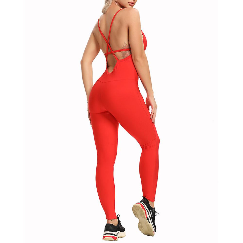 (Red, L) New Women's Yoga Fitness Backless Overalls Bodysuit Fitness Rompers Sexy Sport Suit Leggings Jumpsuit Combinaison Gym Set